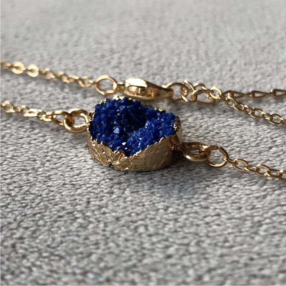 Dark Blue Round Faux Druzy ~ Gold Tone Adjustable Necklace ~ Brand New!